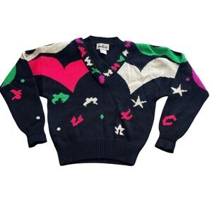 Vintage SPORT OBERMEYER Ski Sweater Pullover Womens Small Black Pink "Sorceress"